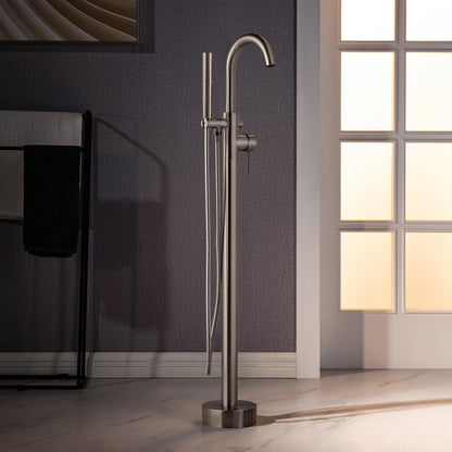 WOODBRIDGE F0023BNDR Contemporary Single Handle Floor Mount Freestanding Tub Filler Faucet with 2 Function Cylinder Style Hand Shower