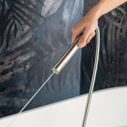 WOODBRIDGE F0023BNDR Contemporary Single Handle Floor Mount Freestanding Tub Filler Faucet with 2 Function Cylinder Style Hand Shower