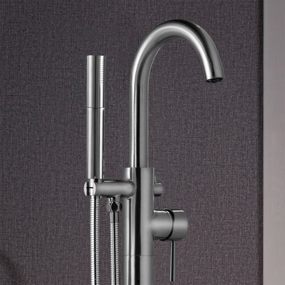 WOODBRIDGE F0023BNDR Contemporary Single Handle Floor Mount Freestanding Tub Filler Faucet with 2 Function Cylinder Style Hand Shower