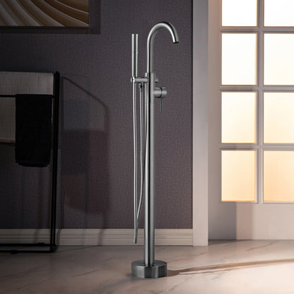 WOODBRIDGE F0023BNDR Contemporary Single Handle Floor Mount Freestanding Tub Filler Faucet with 2 Function Cylinder Style Hand Shower