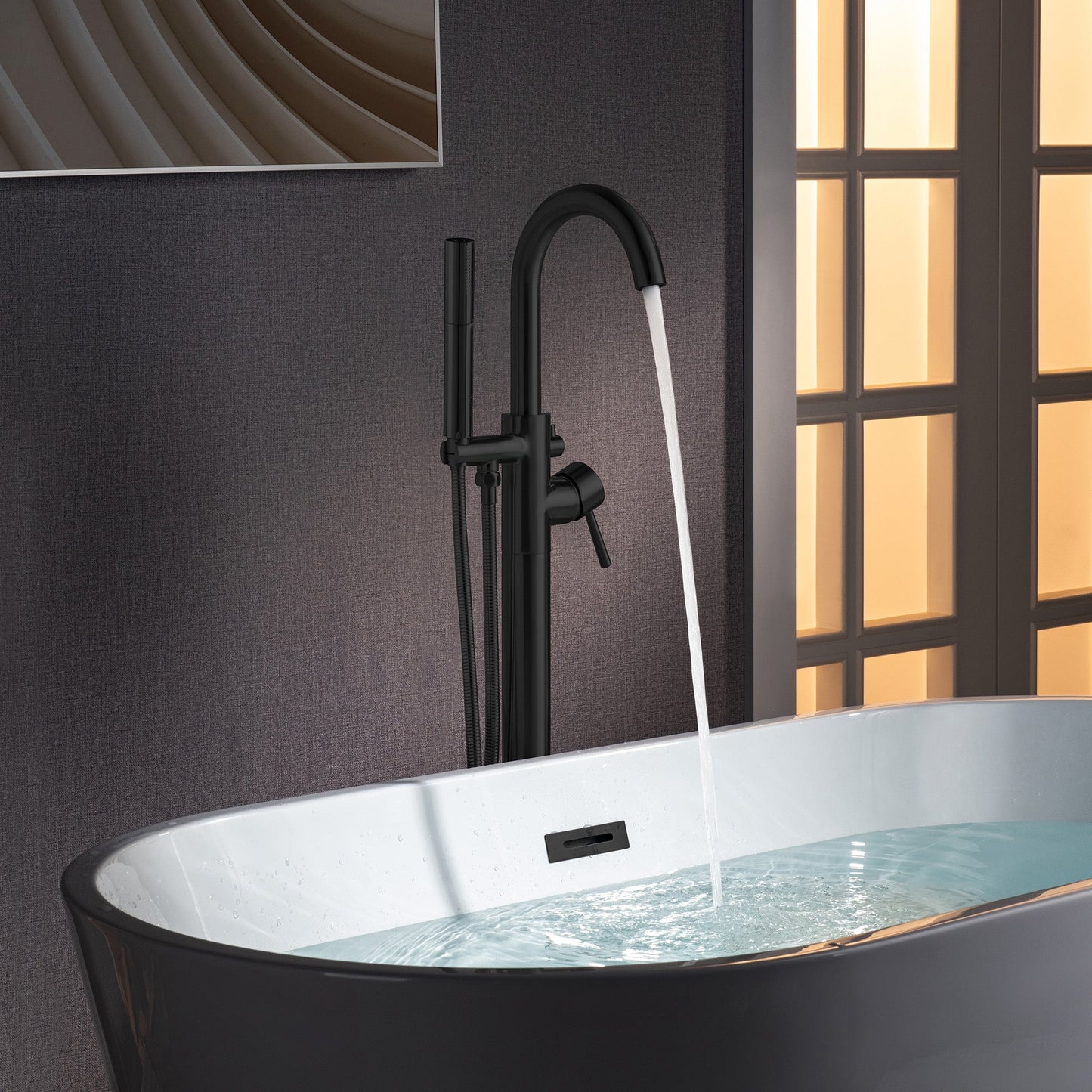 WOODBRIDGE F0023BNDR Contemporary Single Handle Floor Mount Freestanding Tub Filler Faucet with 2 Function Cylinder Style Hand Shower