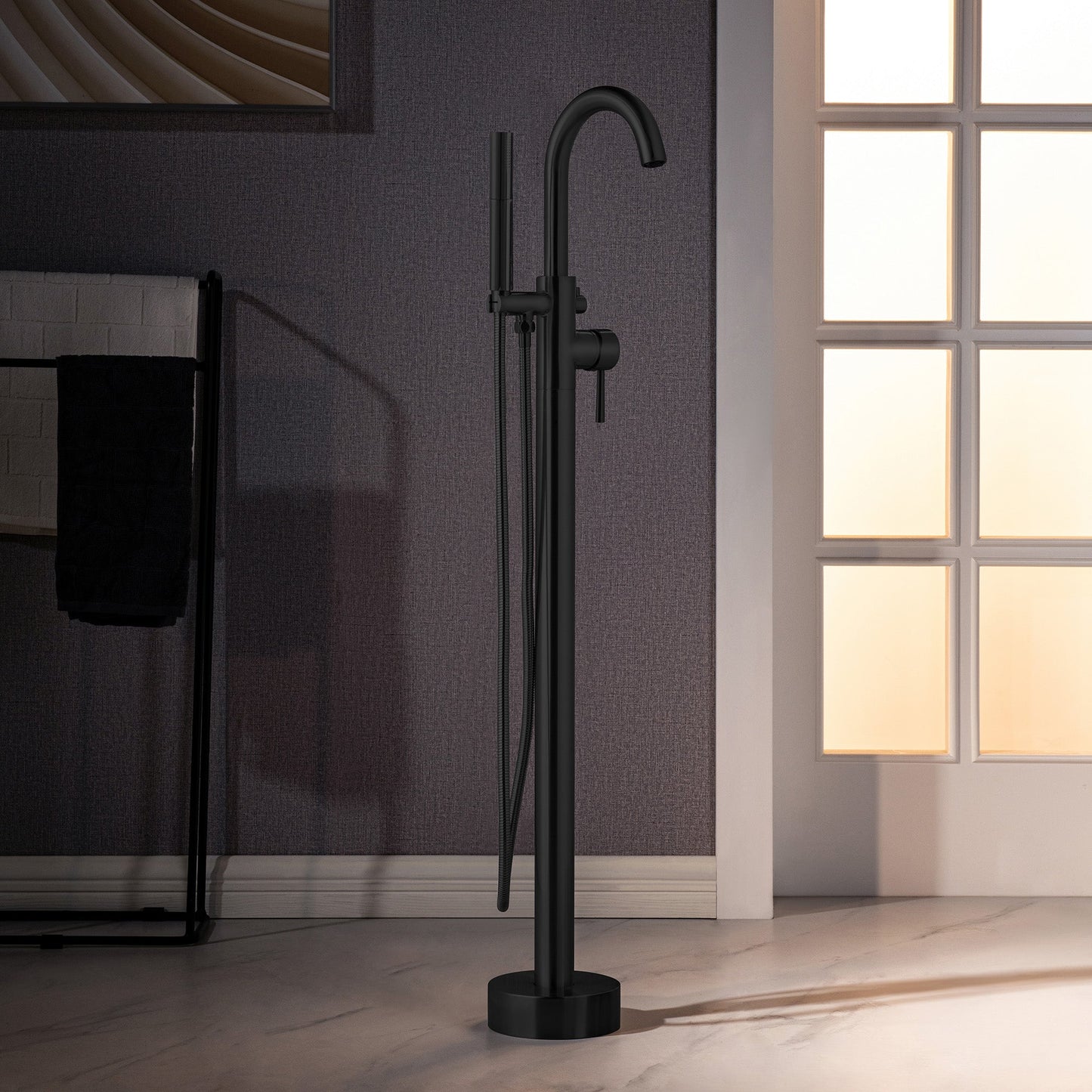 WOODBRIDGE F0023BNDR Contemporary Single Handle Floor Mount Freestanding Tub Filler Faucet with 2 Function Cylinder Style Hand Shower