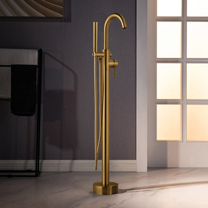 WOODBRIDGE F0023BNDR Contemporary Single Handle Floor Mount Freestanding Tub Filler Faucet with 2 Function Cylinder Style Hand Shower