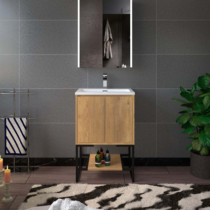 WOODBRIDGE 23-5/8 in. W x 18-7/8 in. D Bathroom Vanity in Oak with Resin Composite Vanity Top in Glossy White, with Stainless Steel Frame