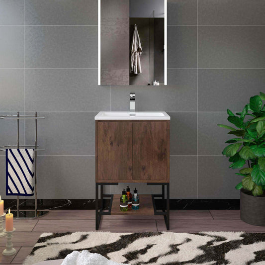 WOODBRIDGE 23-5/8 in. W x 18-7/8 in. D Bathroom Vanity in Rose Wood with Resin Composite Vanity Top in Glossy White, with Stainless Steel Frame