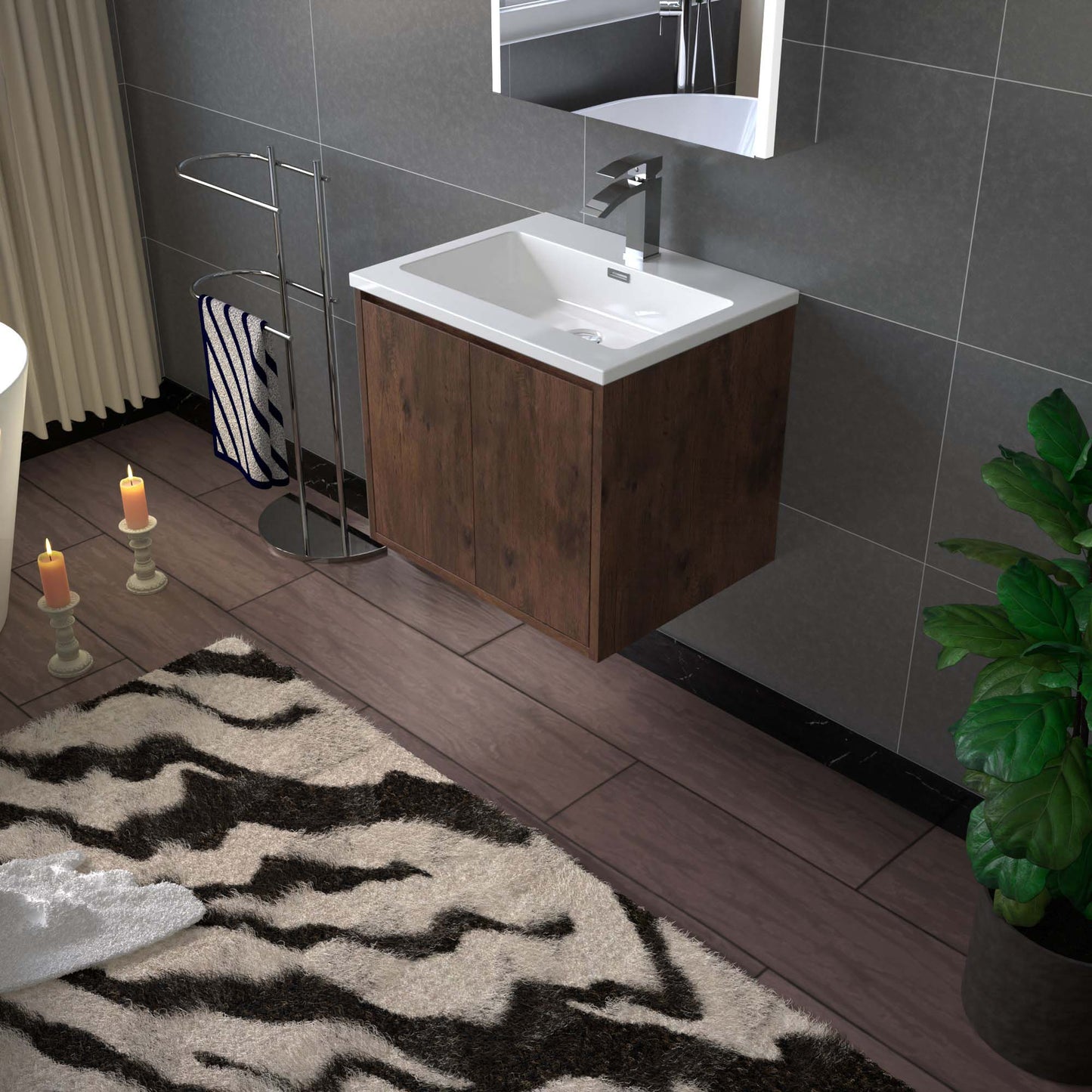 WOODBRIDGE 23-5/8 in. W x 18-7/8 in. D Bathroom Vanity in Rose Wood with Resin Composite Vanity Top in Glossy White, with Stainless Steel Frame