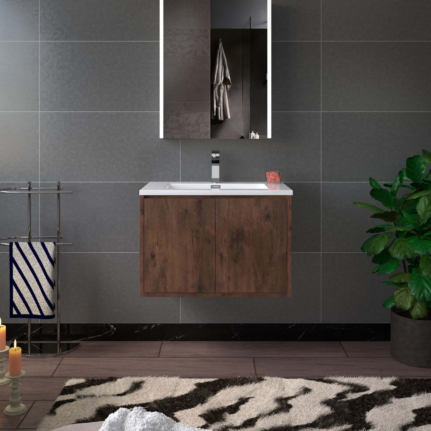 WOODBRIDGE 23-5/8 in. W x 18-7/8 in. D Bathroom Vanity in Rose Wood with Resin Composite Vanity Top in Glossy White, with Stainless Steel Frame