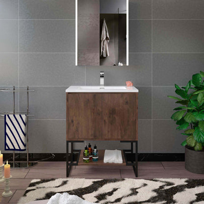 WOODBRIDGE 23-5/8 in. W x 18-7/8 in. D Bathroom Vanity in Rose Wood with Resin Composite Vanity Top in Glossy White, with Stainless Steel Frame
