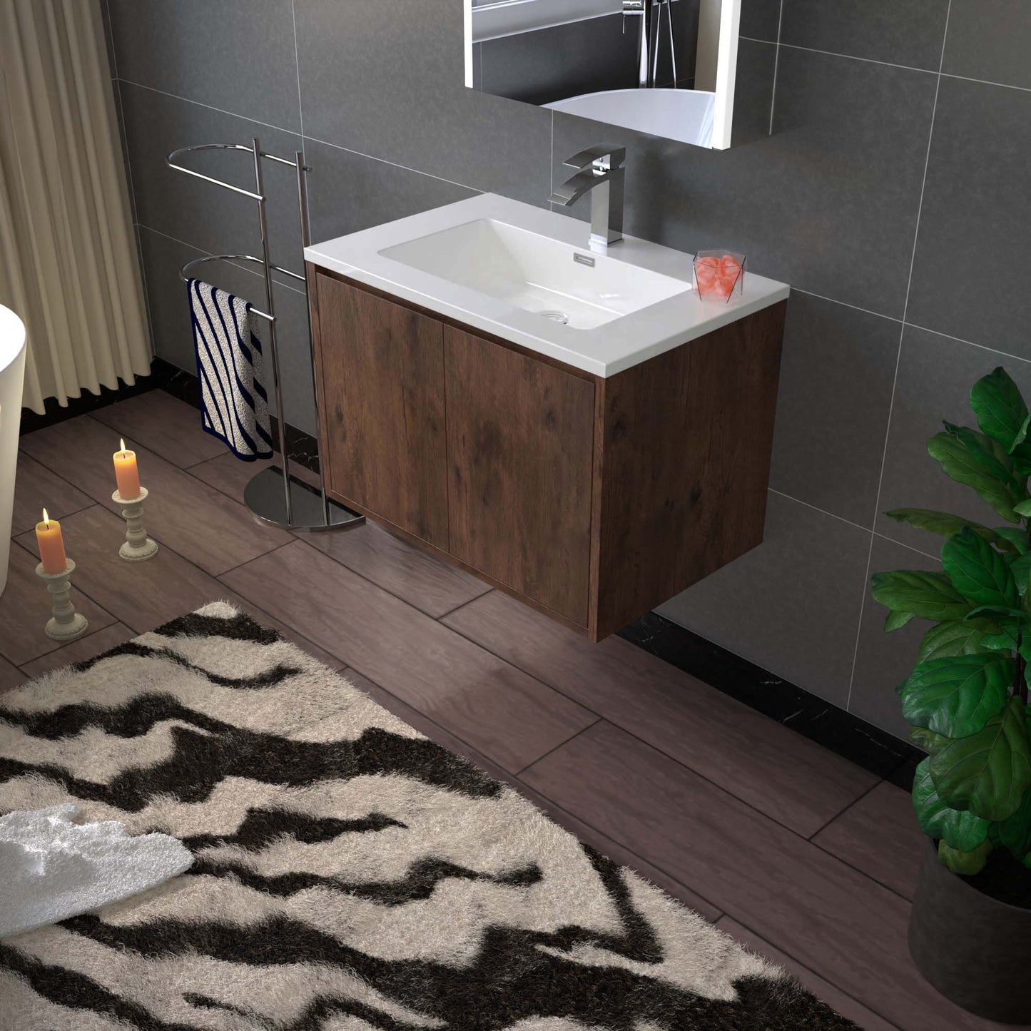 WOODBRIDGE 23-5/8 in. W x 18-7/8 in. D Bathroom Vanity in Rose Wood with Resin Composite Vanity Top in Glossy White, with Stainless Steel Frame