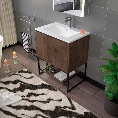 WOODBRIDGE 23-5/8 in. W x 18-7/8 in. D Bathroom Vanity in Rose Wood with Resin Composite Vanity Top in Glossy White, with Stainless Steel Frame