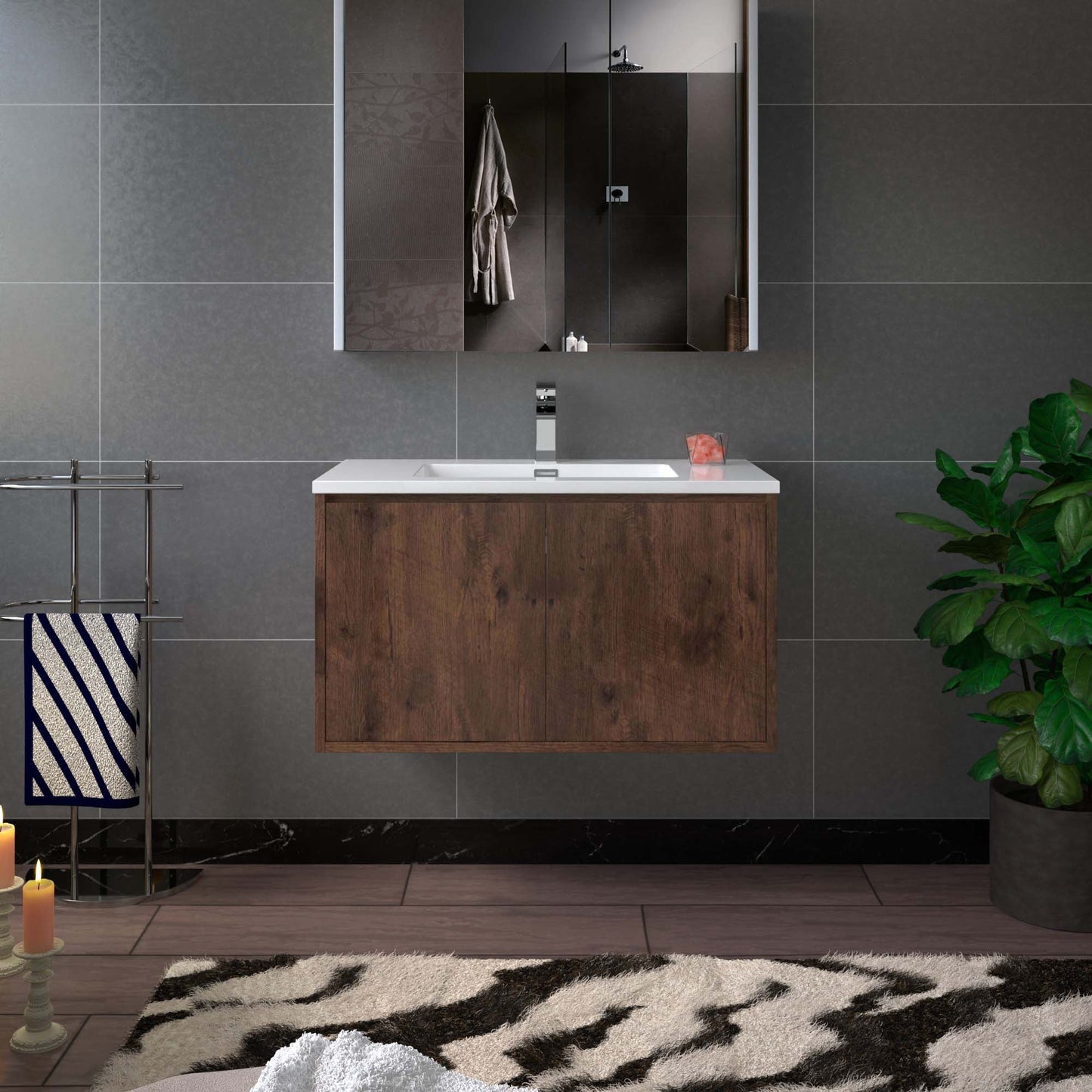 WOODBRIDGE 23-5/8 in. W x 18-7/8 in. D Bathroom Vanity in Rose Wood with Resin Composite Vanity Top in Glossy White, with Stainless Steel Frame