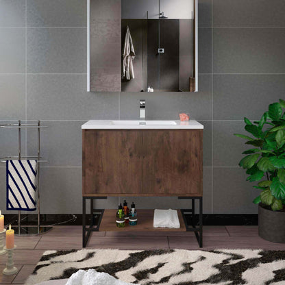 WOODBRIDGE 23-5/8 in. W x 18-7/8 in. D Bathroom Vanity in Rose Wood with Resin Composite Vanity Top in Glossy White, with Stainless Steel Frame