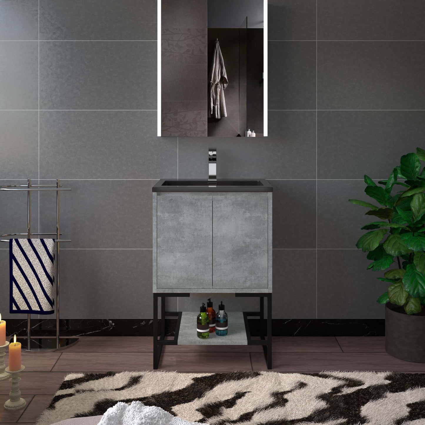 WOODBRIDGE 24 in. W x 19 in. D Bathroom Vanity in Gray with Quartz Sand Composite Vanity Top in Matte Black, with Stainless Steel Frame