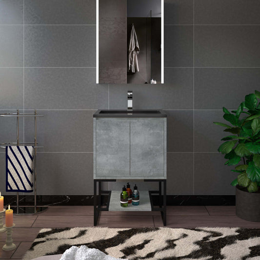 WOODBRIDGE 24 in. W x 19 in. D Bathroom Vanity in Gray with Quartz Sand Composite Vanity Top in Matte Black, with Stainless Steel Frame