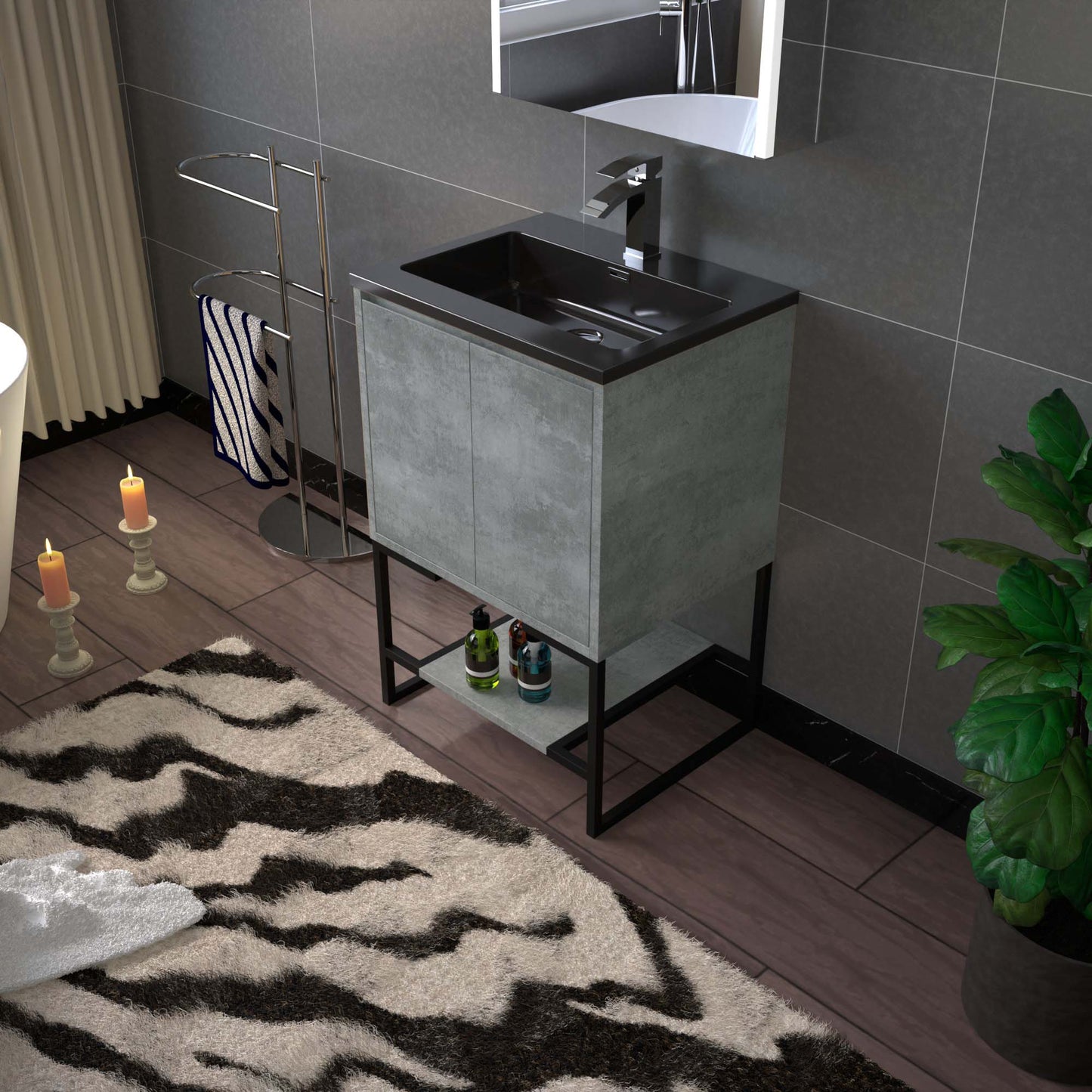 WOODBRIDGE 24 in. W x 19 in. D Bathroom Vanity in Gray with Quartz Sand Composite Vanity Top in Matte Black, with Stainless Steel Frame