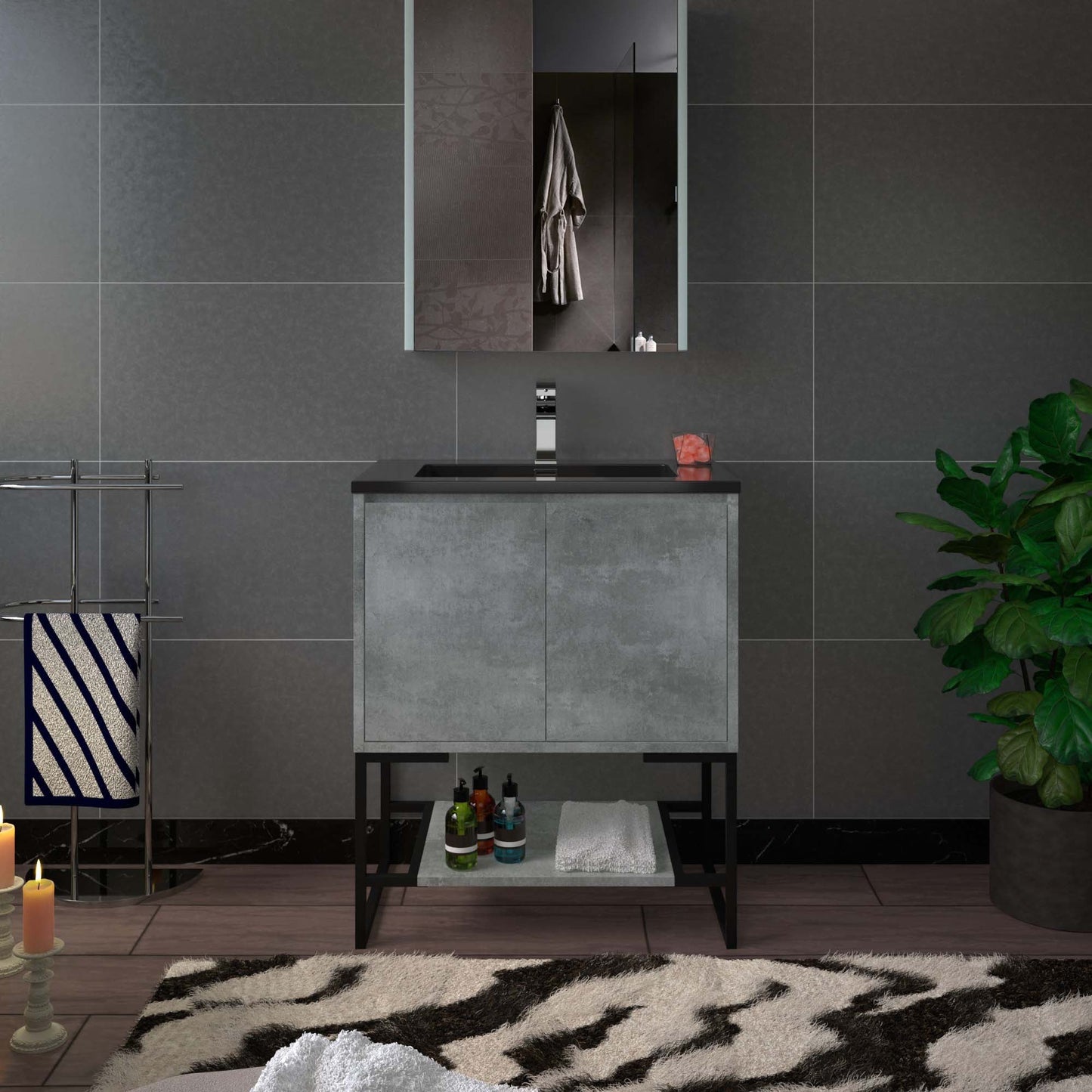 WOODBRIDGE 24 in. W x 19 in. D Bathroom Vanity in Gray with Quartz Sand Composite Vanity Top in Matte Black, with Stainless Steel Frame