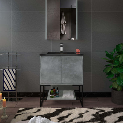 WOODBRIDGE 24 in. W x 19 in. D Bathroom Vanity in Gray with Quartz Sand Composite Vanity Top in Matte Black, with Stainless Steel Frame