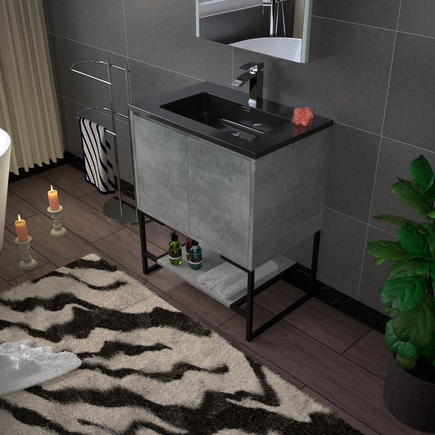 WOODBRIDGE 24 in. W x 19 in. D Bathroom Vanity in Gray with Quartz Sand Composite Vanity Top in Matte Black, with Stainless Steel Frame