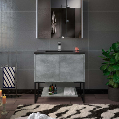 WOODBRIDGE 24 in. W x 19 in. D Bathroom Vanity in Gray with Quartz Sand Composite Vanity Top in Matte Black, with Stainless Steel Frame