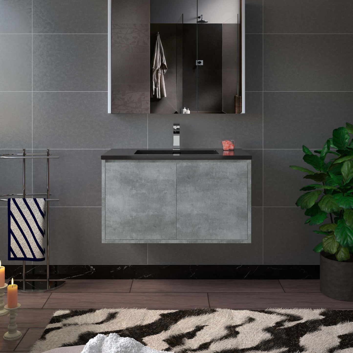 WOODBRIDGE 24 in. W x 19 in. D Bathroom Vanity in Gray with Quartz Sand Composite Vanity Top in Matte Black, with Stainless Steel Frame
