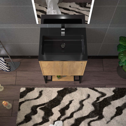 WOODBRIDGE 24 in. W x 19 in. D Bathroom Vanity in Oak with Quartz Sand Composite Vanity Top in Matte Black, with Stainless Steel Frame
