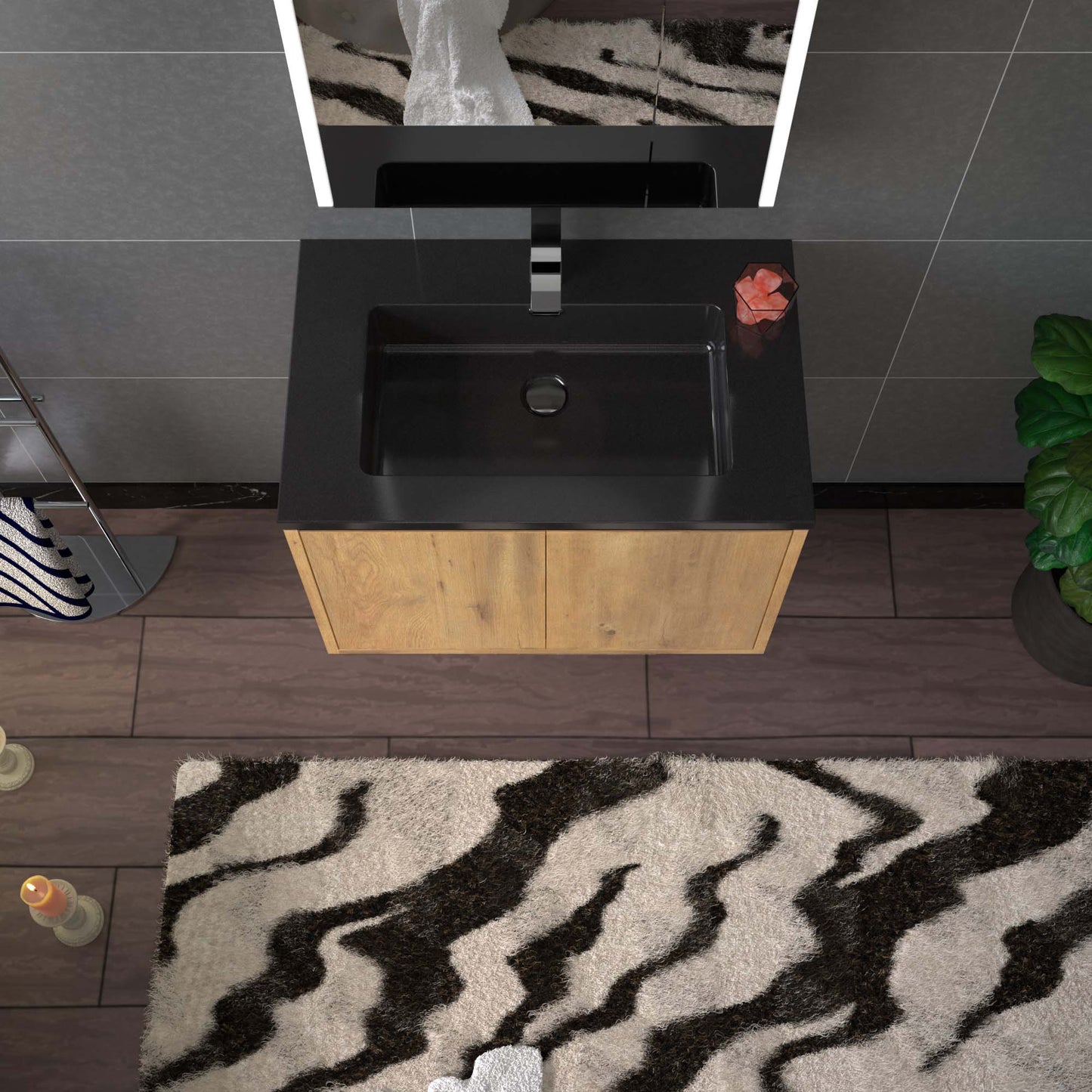 WOODBRIDGE 24 in. W x 19 in. D Bathroom Vanity in Oak with Quartz Sand Composite Vanity Top in Matte Black, with Stainless Steel Frame