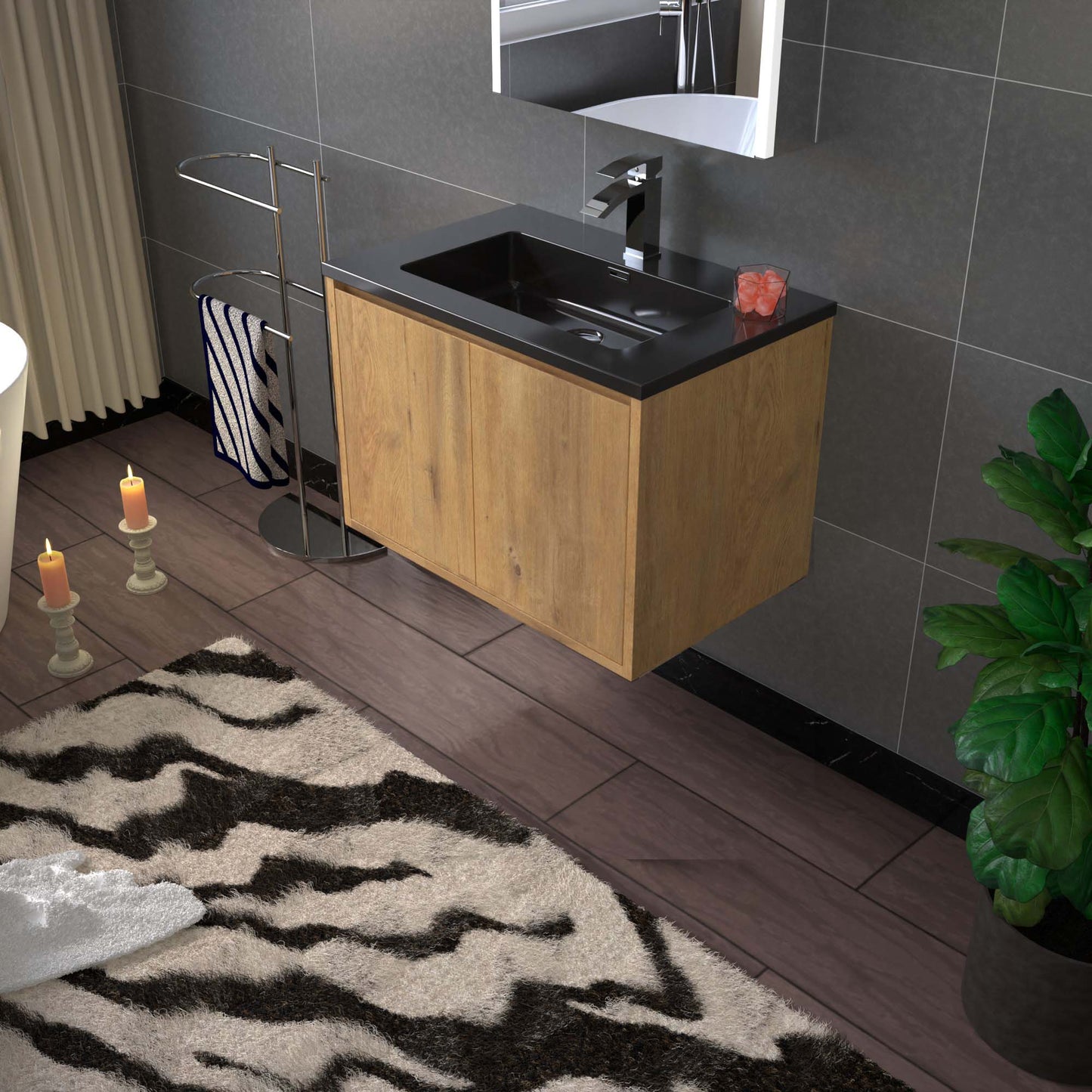 WOODBRIDGE 24 in. W x 19 in. D Bathroom Vanity in Oak with Quartz Sand Composite Vanity Top in Matte Black, with Stainless Steel Frame