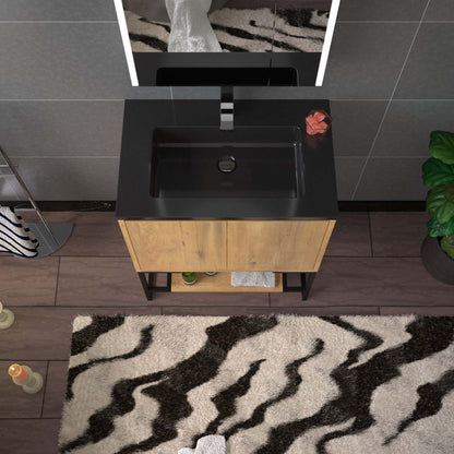 WOODBRIDGE 24 in. W x 19 in. D Bathroom Vanity in Oak with Quartz Sand Composite Vanity Top in Matte Black, with Stainless Steel Frame
