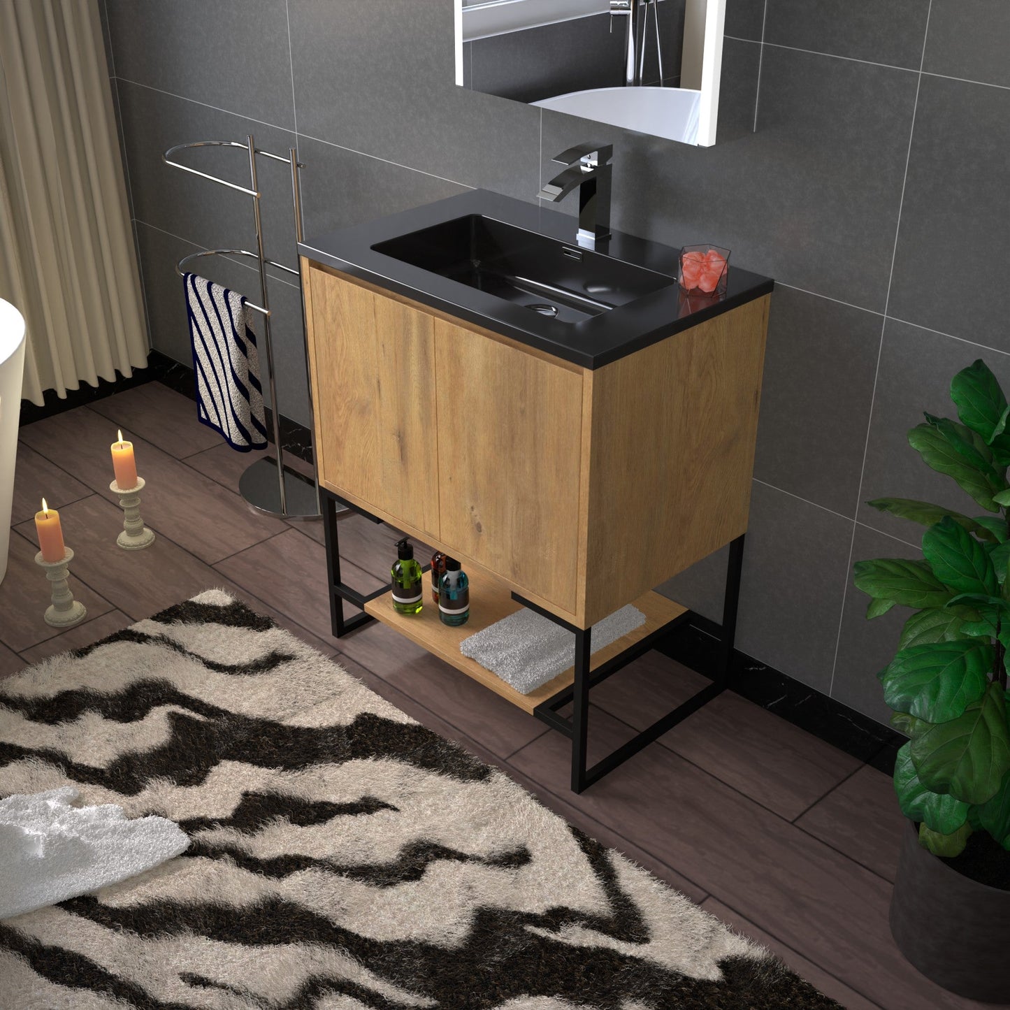 WOODBRIDGE 24 in. W x 19 in. D Bathroom Vanity in Oak with Quartz Sand Composite Vanity Top in Matte Black, with Stainless Steel Frame