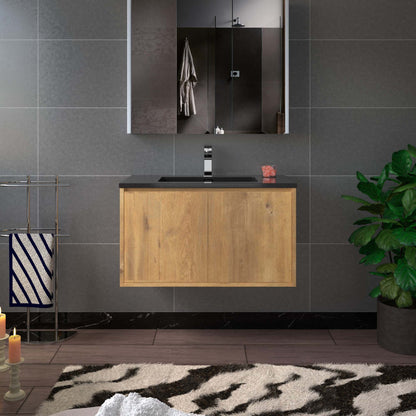 WOODBRIDGE 24 in. W x 19 in. D Bathroom Vanity in Oak with Quartz Sand Composite Vanity Top in Matte Black, with Stainless Steel Frame