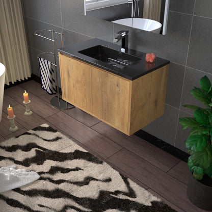 WOODBRIDGE 24 in. W x 19 in. D Bathroom Vanity in Oak with Quartz Sand Composite Vanity Top in Matte Black, with Stainless Steel Frame