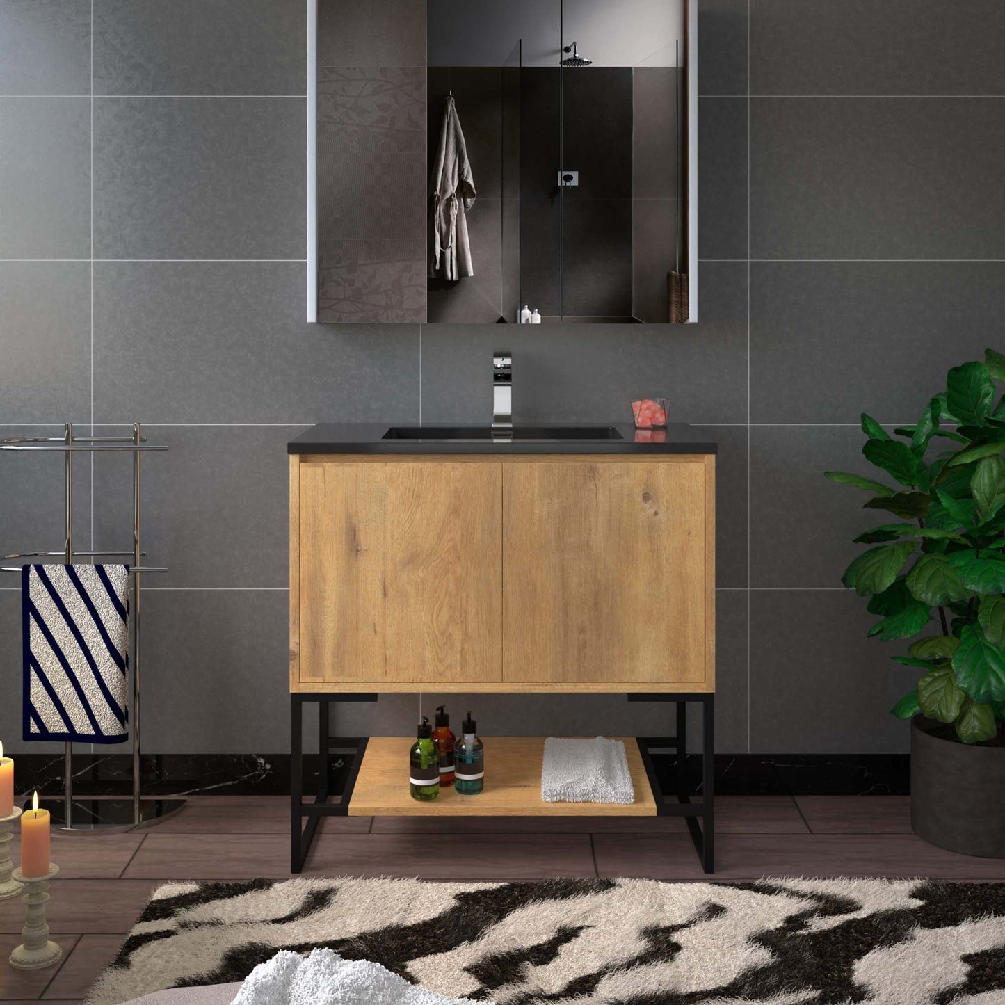 WOODBRIDGE 24 in. W x 19 in. D Bathroom Vanity in Oak with Quartz Sand Composite Vanity Top in Matte Black, with Stainless Steel Frame