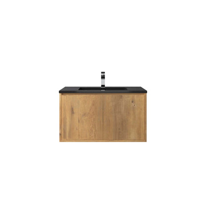 WOODBRIDGE 24 in. W x 19 in. D Bathroom Vanity in Oak with Quartz Sand Composite Vanity Top in Matte Black, with Stainless Steel Frame