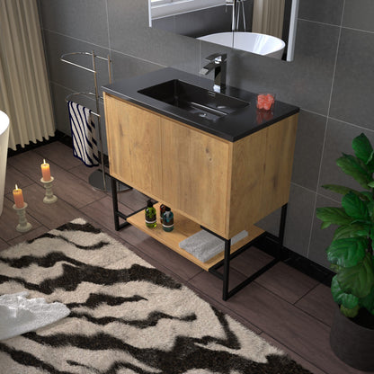 WOODBRIDGE 24 in. W x 19 in. D Bathroom Vanity in Oak with Quartz Sand Composite Vanity Top in Matte Black, with Stainless Steel Frame