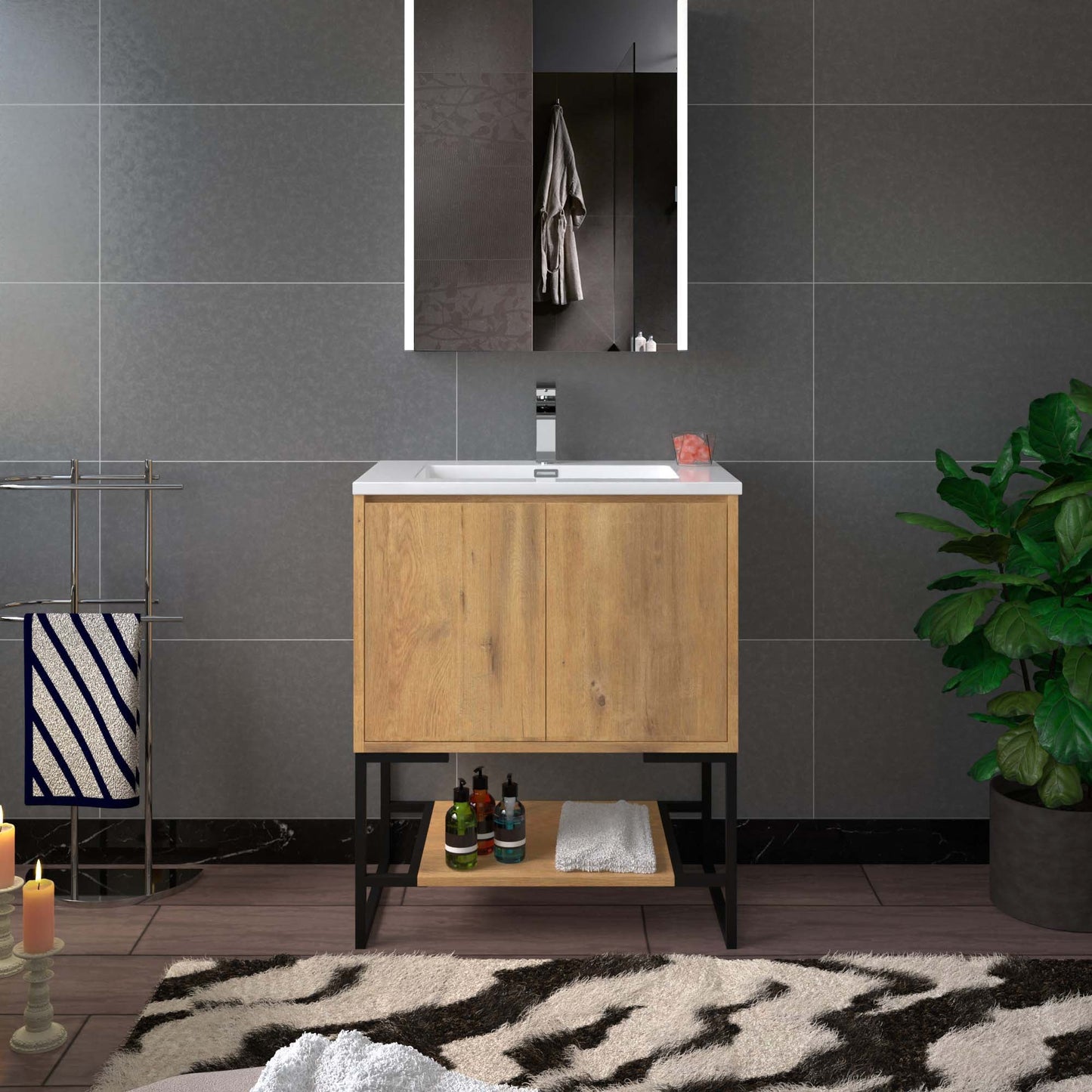 WOODBRIDGE 23-5/8 in. W x 18-7/8 in. D Bathroom Vanity in Oak with Resin Composite Vanity Top in Glossy White, with Stainless Steel Frame