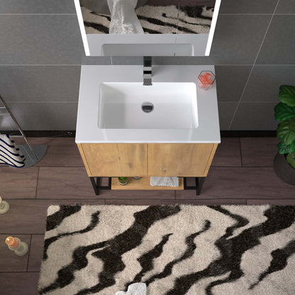 WOODBRIDGE 23-5/8 in. W x 18-7/8 in. D Bathroom Vanity in Oak with Resin Composite Vanity Top in Glossy White, with Stainless Steel Frame