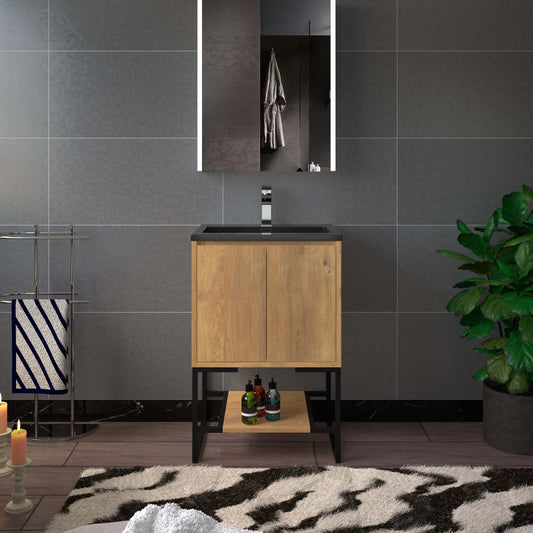 WOODBRIDGE 24 in. W x 19 in. D Bathroom Vanity in Rose Wood with Quartz Sand Composite Vanity Top in Glossy Matte Black, with Stainless Steel Frame
