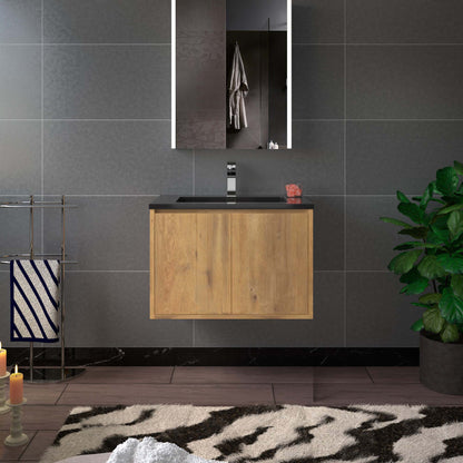 WOODBRIDGE 24 in. W x 19 in. D Bathroom Vanity in Rose Wood with Quartz Sand Composite Vanity Top in Glossy Matte Black, with Stainless Steel Frame