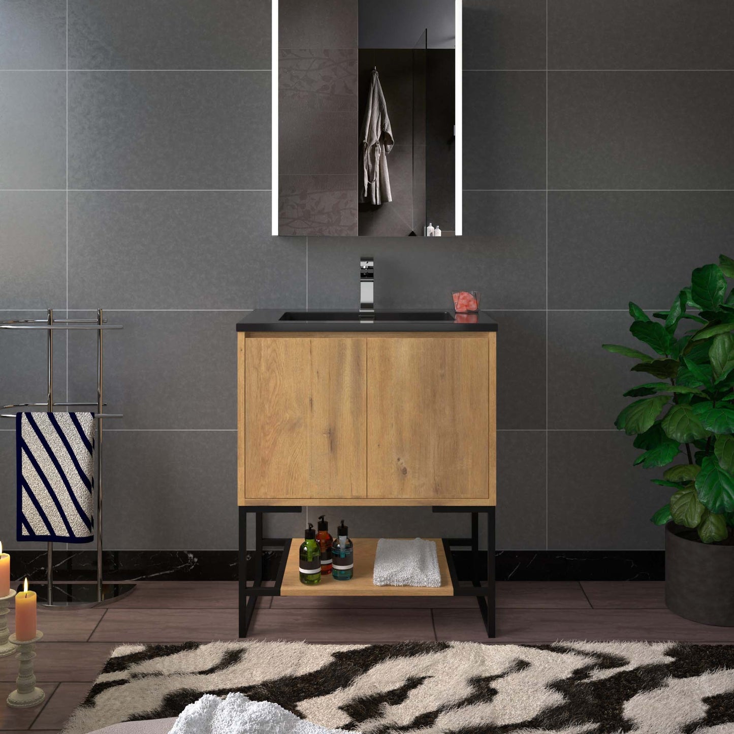 WOODBRIDGE 24 in. W x 19 in. D Bathroom Vanity in Rose Wood with Quartz Sand Composite Vanity Top in Glossy Matte Black, with Stainless Steel Frame