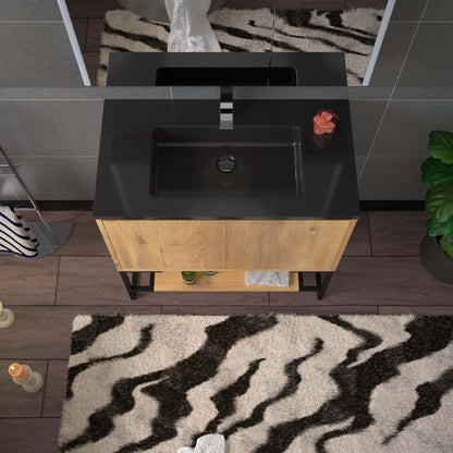 WOODBRIDGE 24 in. W x 19 in. D Bathroom Vanity in Rose Wood with Quartz Sand Composite Vanity Top in Glossy Matte Black, with Stainless Steel Frame