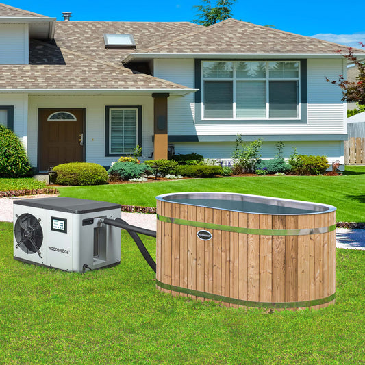 WOODBRIDGE 59" Cold Plunge Tub with 1.3 HP High-Performance Cooling and Heating Chiller in White, Ozone sanitation, Filter circulation system, Insulated Tub Lid, Wood Stool, Wood Seat