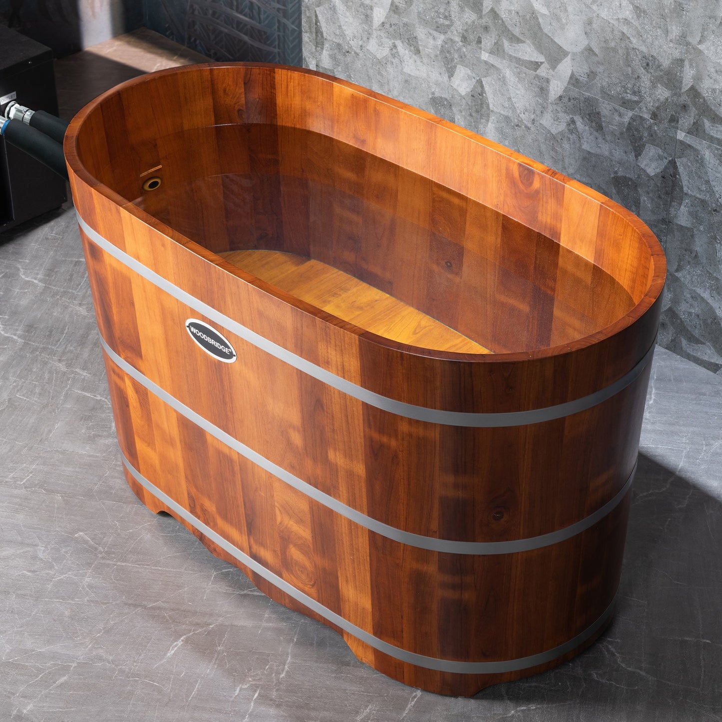 WOODBRIDGE 54" Luxury Indoor Cold Plunge Ice Tub with Chiller and Heater, Ozone sanitation, Filter circulation system, Insulated Tub Lid, Wood Stool, Wood seat, and Chrome Pop-Up Drain