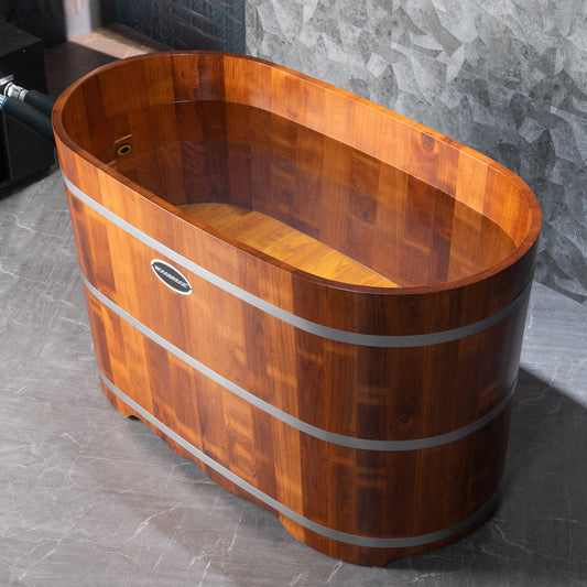 WOODBRIDGE 54" Luxury Indoor Cold Plunge Ice Tub with Chiller and Heater, Ozone sanitation, Filter circulation system, Insulated Tub Lid, Wood Stool, Wood seat, and Chrome Pop-Up Drain