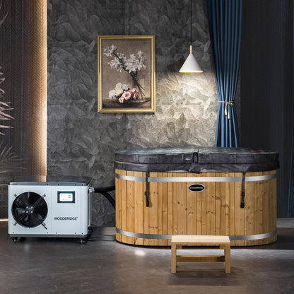 WOODBRIDGE 59" Cold Plunge Tub with 1.3 HP High-Performance Cooling and Heating Chiller in White, Ozone sanitation, Filter circulation system, Insulated Tub Lid, Wood Stool, Wood Seat