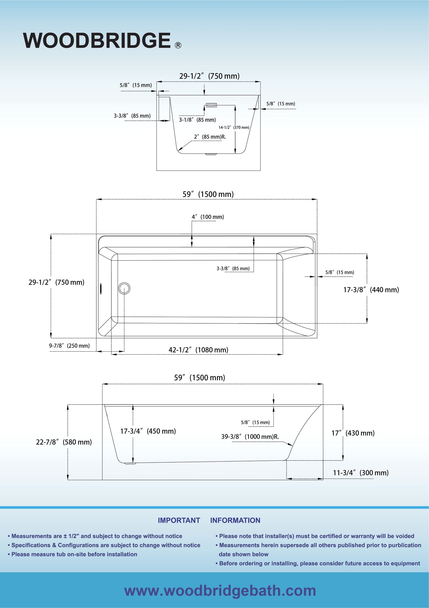WOODBRIDGE 59" L x 29-1/2" W Freestanding Contemporary Soaking Bathtub