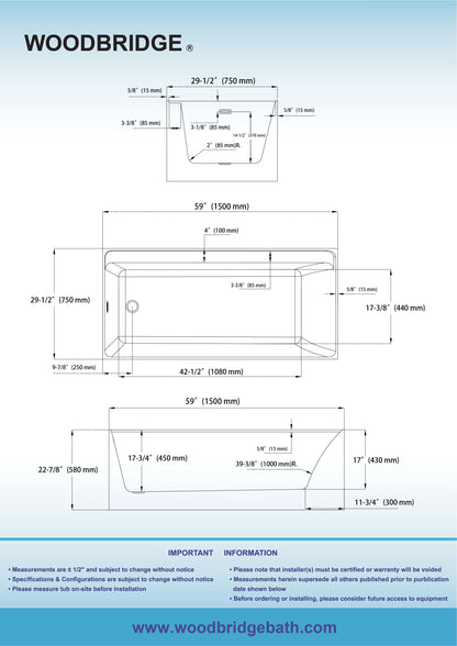 WOODBRIDGE 59" L x 29-1/2" W Freestanding Contemporary Soaking Bathtub