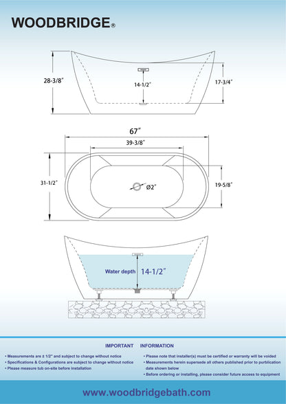 WOODBRIDGE 67" L x 31-1/2" W Freestanding Contemporary Acrylic Soaking Bathtub