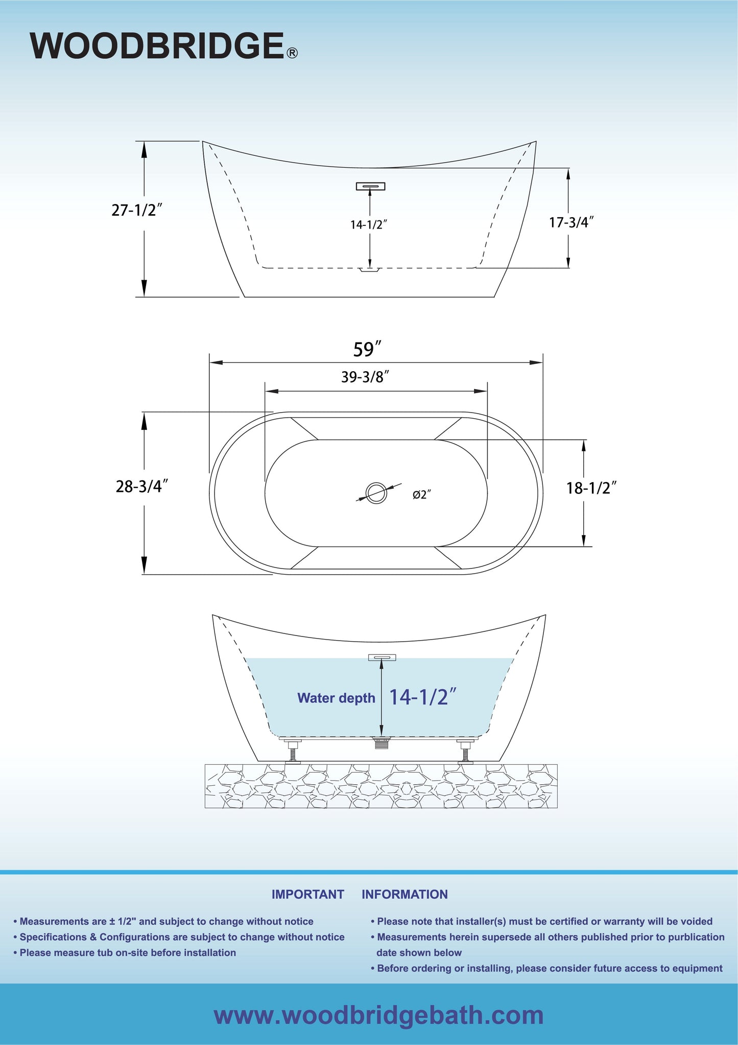WOODBRIDGE 59" L x 28-3/4" W Freestanding Contemporary Acrylic Soaking Bathtub