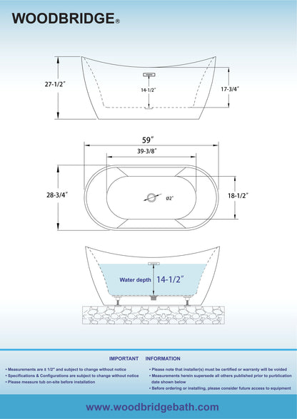 WOODBRIDGE 59" L x 28-3/4" W Freestanding Contemporary Acrylic Soaking Bathtub