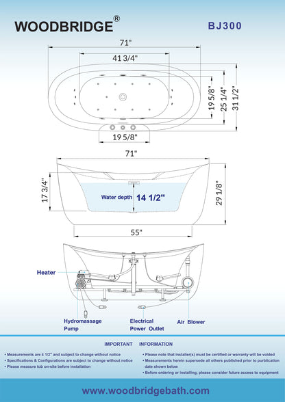 WOODBRIDGE 71" x 31-1/2" Whirlpool Water Jetted and Air Bubble Freestanding Heated Soaking Combination Bathtub